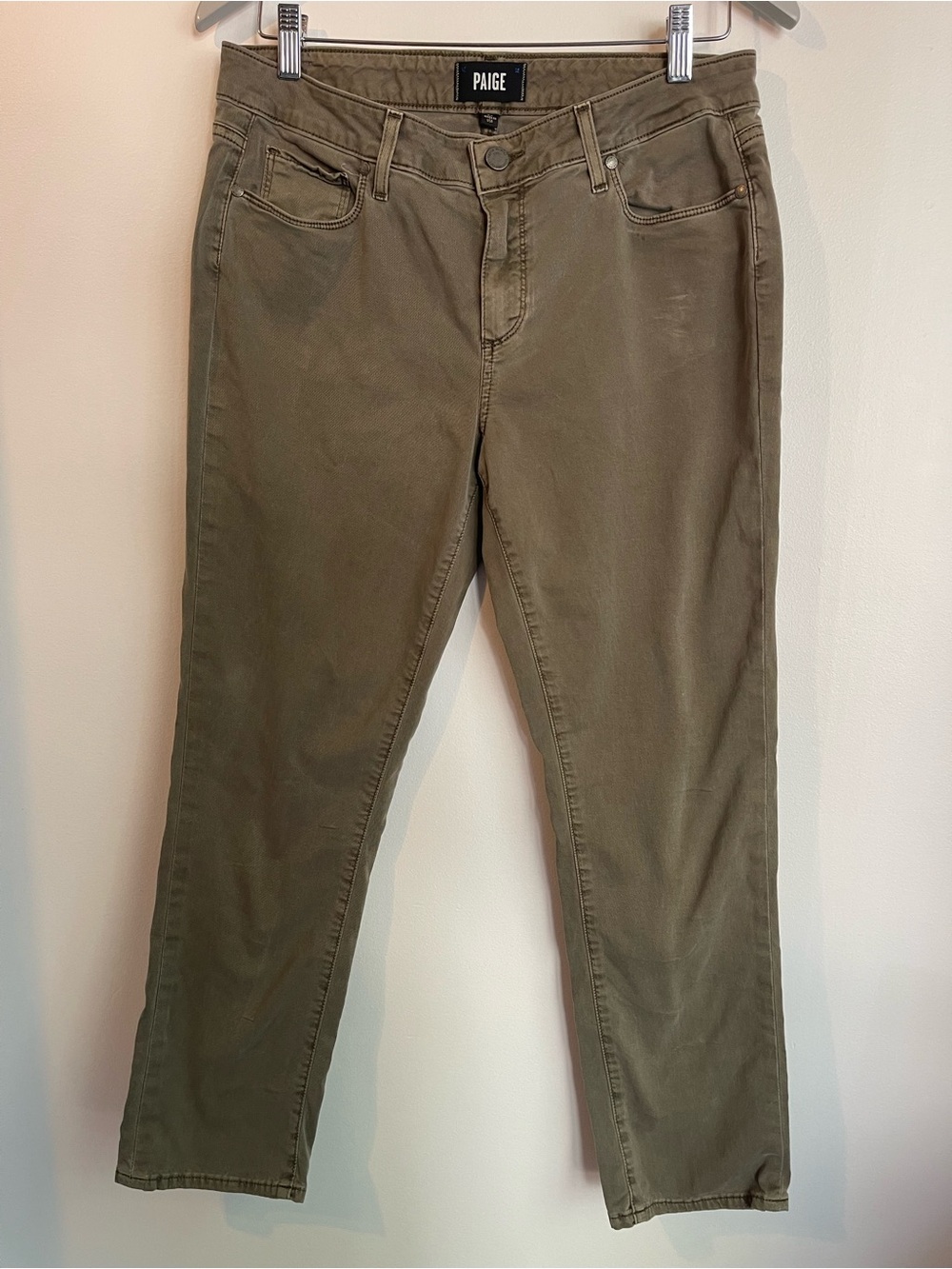 Paige Olive Army Green Stretch Twill Ankle Pants 28